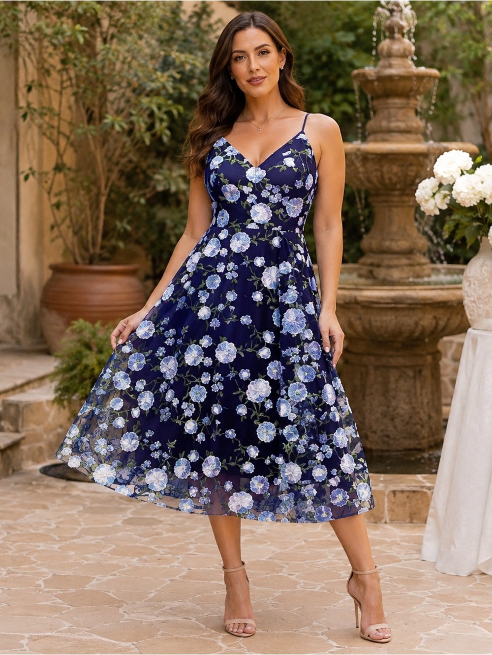 Xscape Floral Appliqué Fit & Flare Midi Dress Size 8 NWT